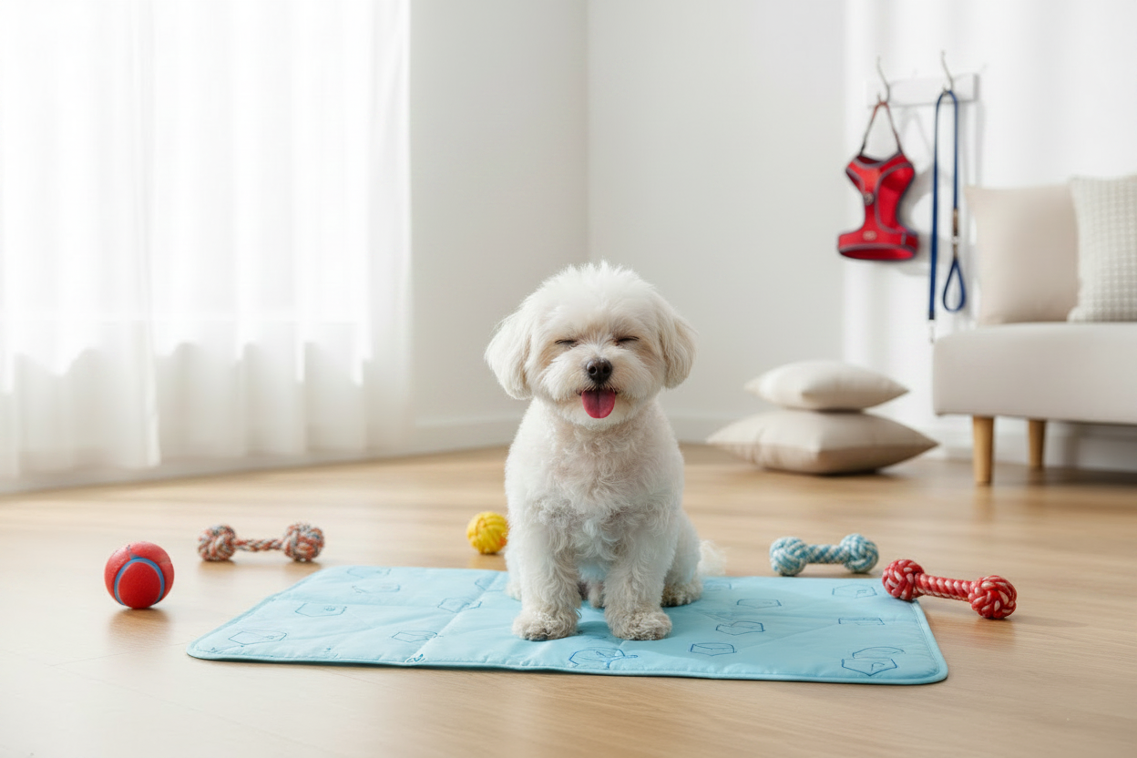 Cagnolino sul tappetino con accessori